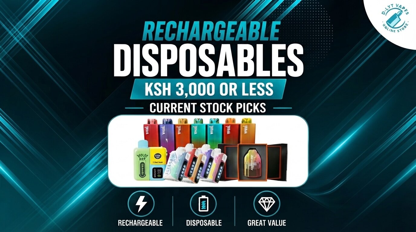 Disposable vapes arranged next to Kenyan shilling currency showing price comparison