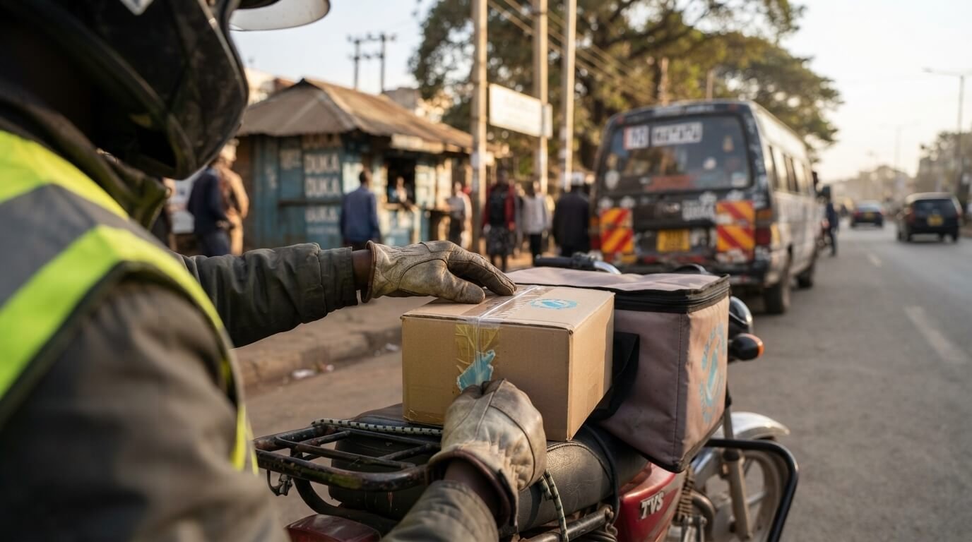 Courier rider preparing a same-day vape delivery package for a Nairobi customer