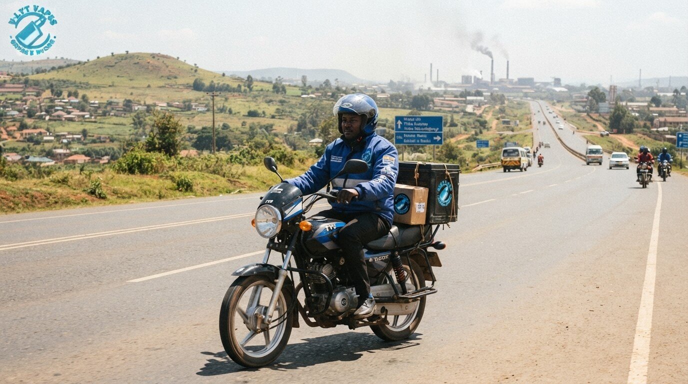 Delivery motorbike on Thika Road carrying a vape order from Nairobi