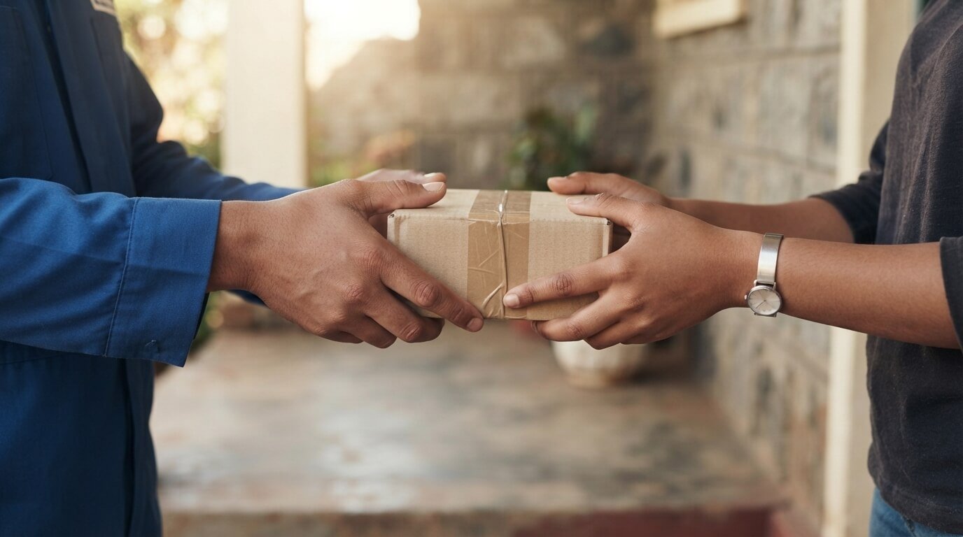 Customer in Thika receiving a same-day vape delivery package at their door